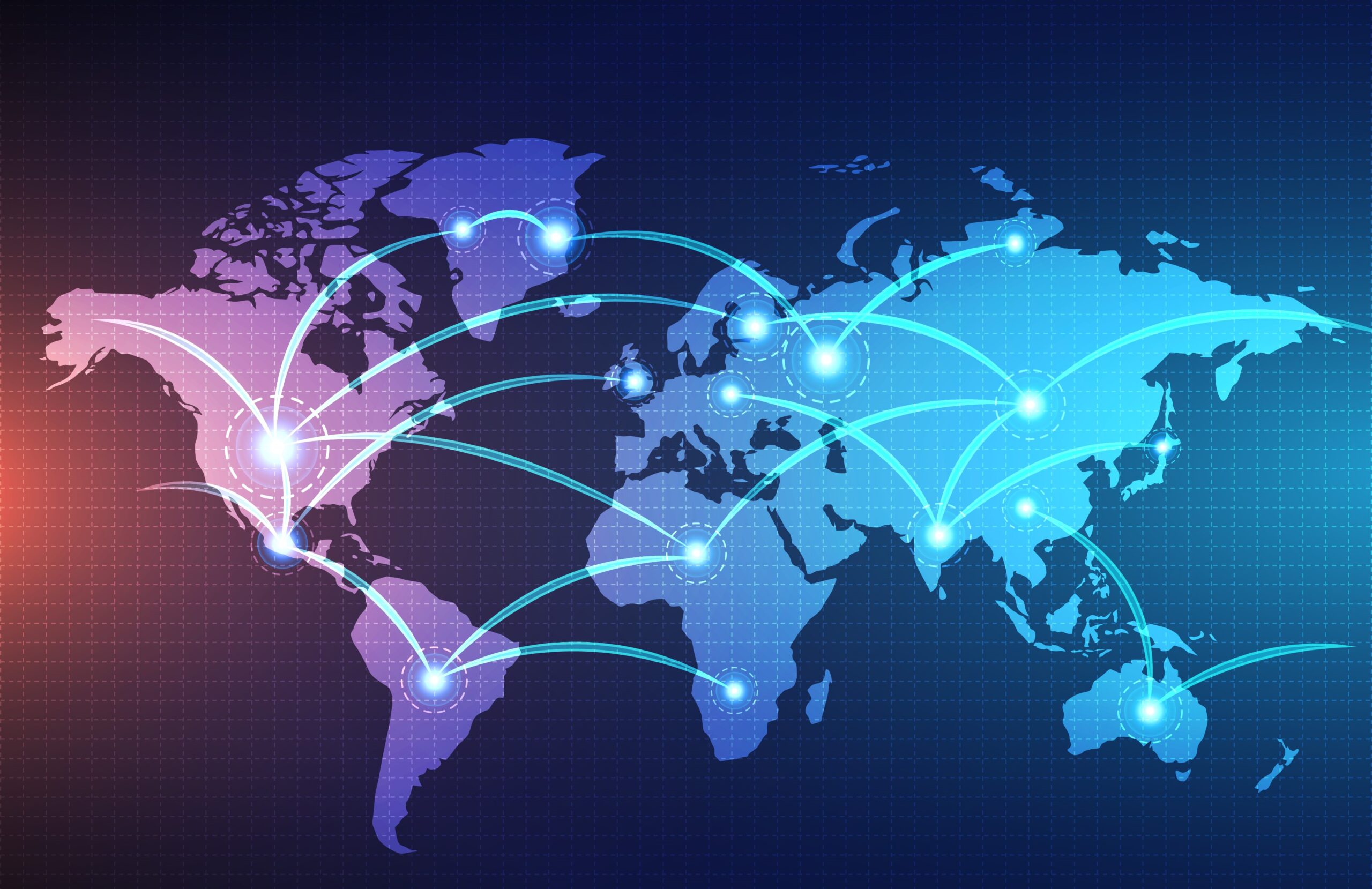 Carte du monde avec des flux lumineux reliant les continents