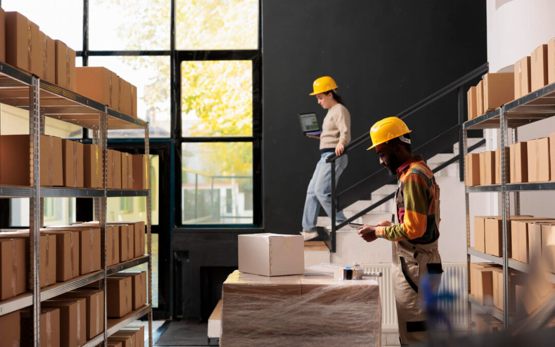 Dans un entrepôt logistique, des employés portant des casques de chantier jaunes gèrent des stocks de colis rangés sur des étagères métalliques, avec un agent préparant une commande au premier plan pendant qu'une collègue descend des escaliers avec un ordinateur portable.